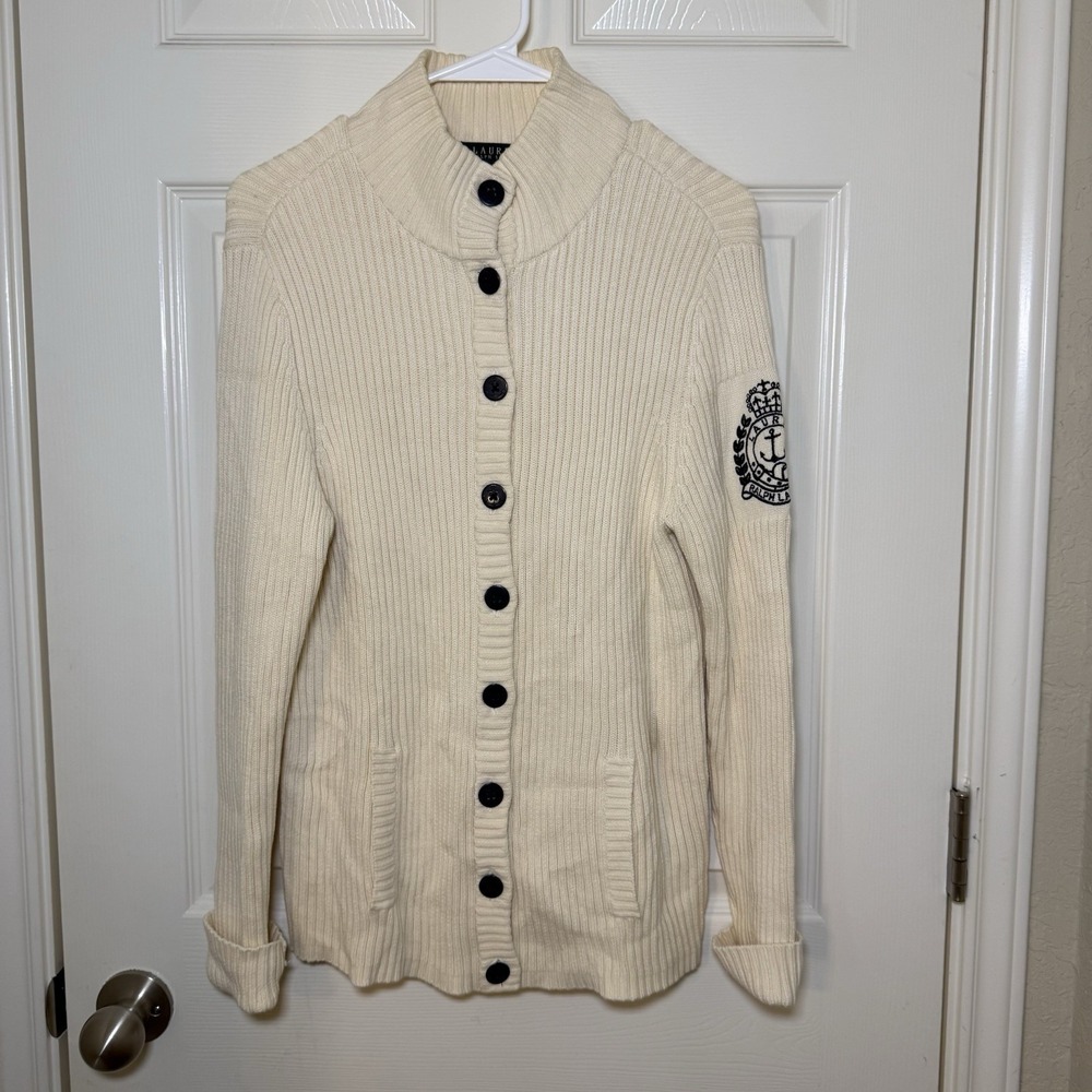 VTG Lauren Ralph Lauren Women's Size XL Ivory‎ Ribbed Cardigan Crest 100% Cotton - Picture 4 of 11